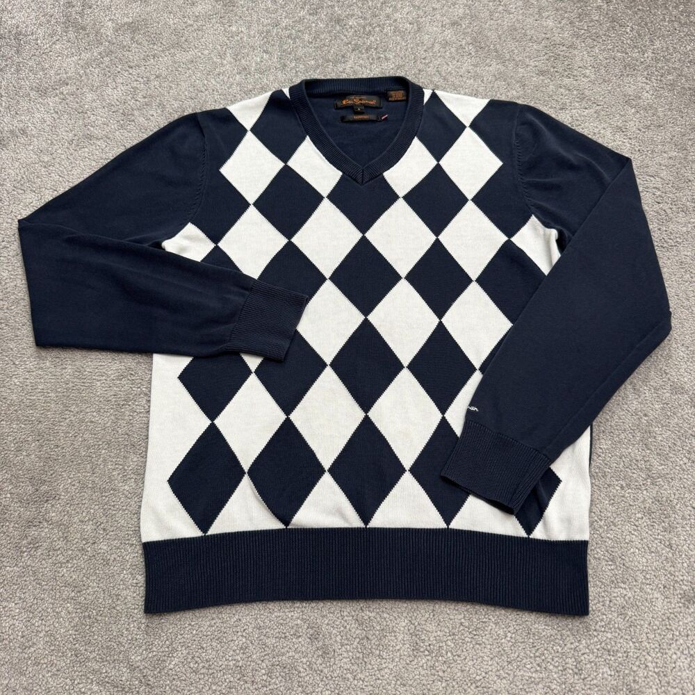 Ben Sherman Signature Argyle V-Neck Pullover Sweater Mens Small Navy Blue White